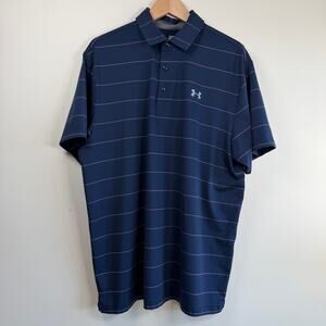 Under Armour HeatGear Striped Golf Polo Shirt Navy Blue Pink Men XL Stretch Cool